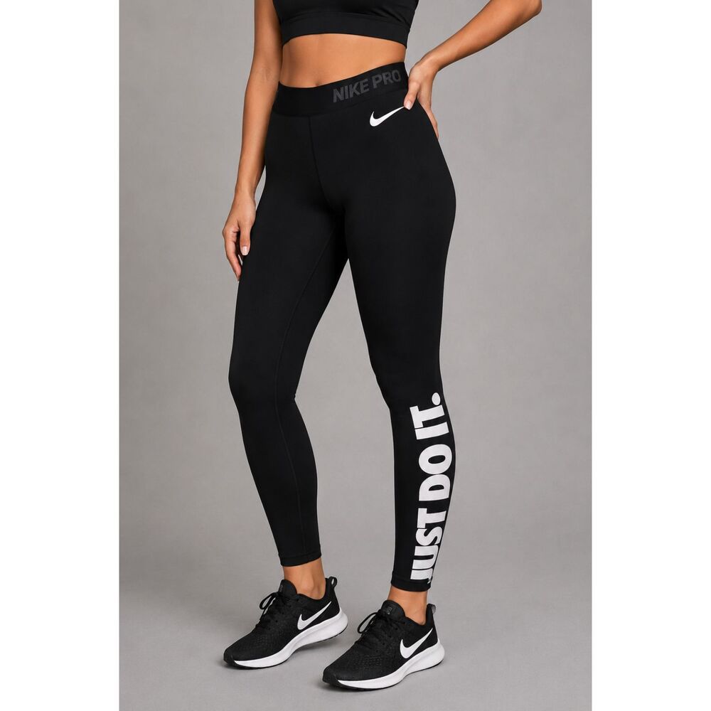 Nike Pro Dri-FIT Women S Black Leggings Just Do It Logo Compression Training 27”